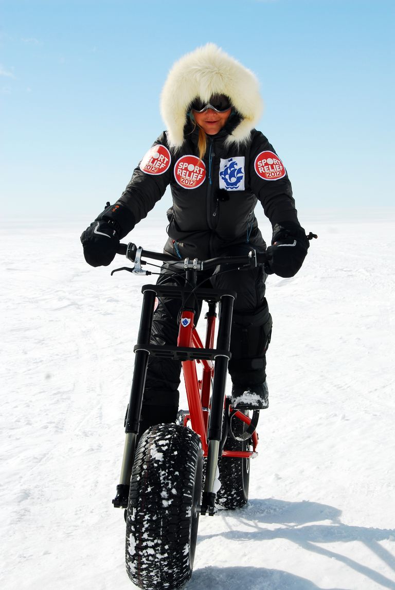 helen skelton riding a snow bike in Antarctica for sport relief